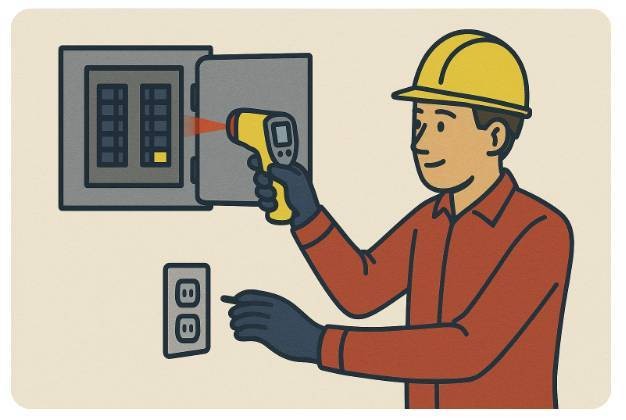 Cartoon of a trained technician examining an electrical panel.
